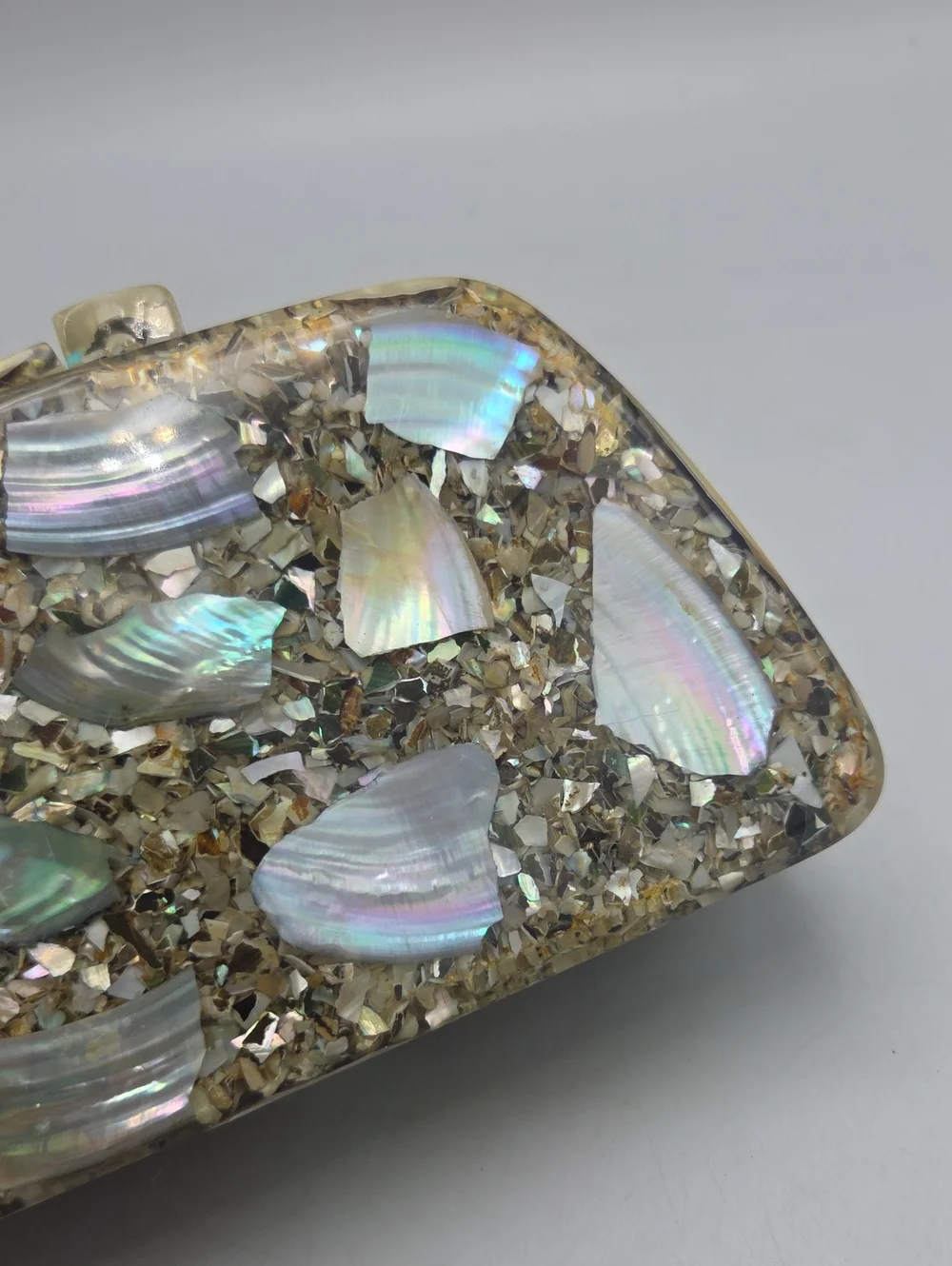 Vintage mother-of-pearl and abalone shell mosaic acrylic/lucite evening clutch